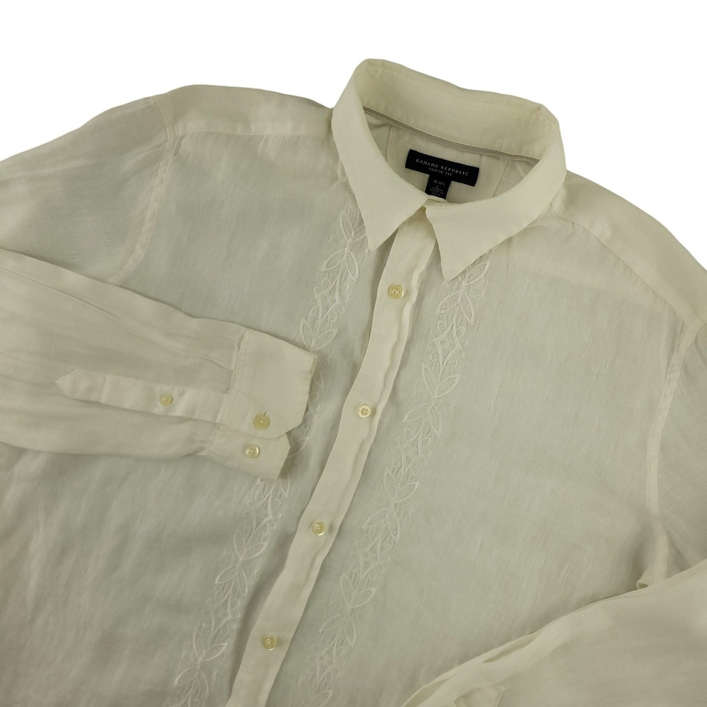 Banana Republic Shirt Mens L White Solid Long Sleeve Button Up Linen Casual